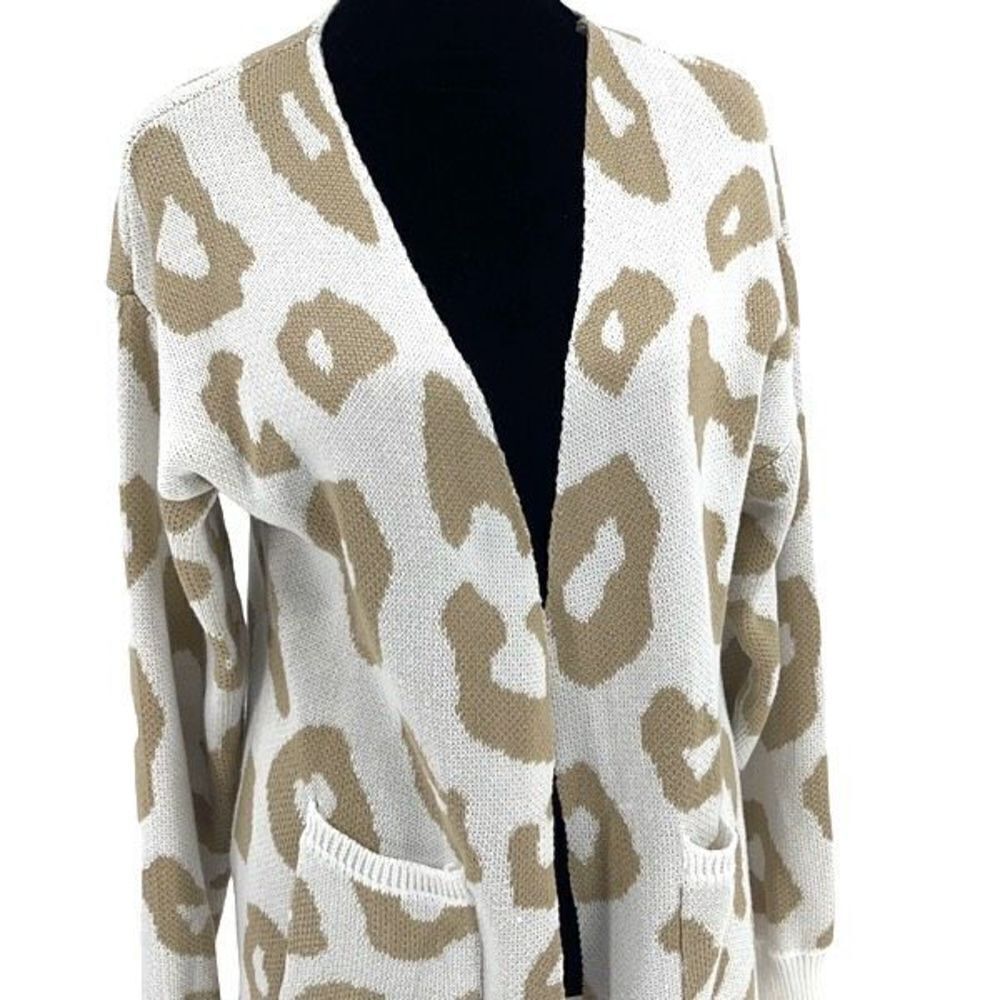 Vestidos Womens‎ Animal Print Open Front Pocket Long Line Cardigan Tan Medium - Picture 3 of 10